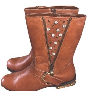 Grazie Tan Leather Mid-Calf Studded Booties